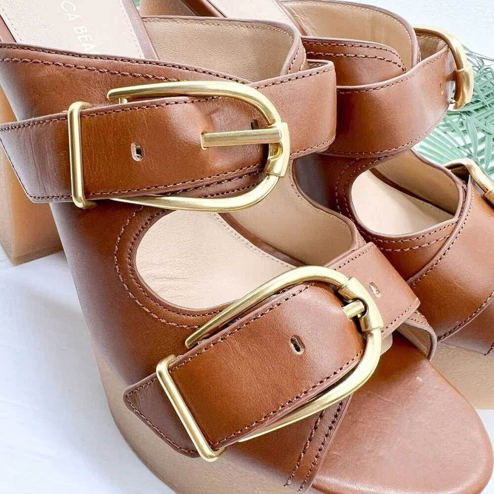 Veronica Beard Garrick Brown Leather Dual Buckle Platform Sandals Size 9M NWB